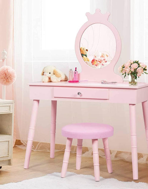 Load image into Gallery viewer, Kids Vanity, Crown Shape Princess Makeup Dressing Table and Chair Set W/Drawer, Cushioned Toddler Vanity Stool, Real Glass Mirror, Wooden Little Girls Vanity Set with Mirror and Stool, Pink
