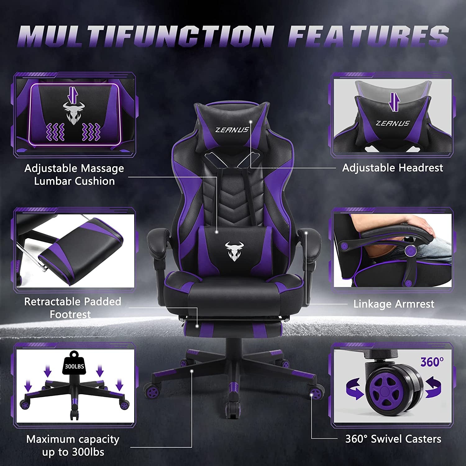 Purple Gaming Chair Reclining Computer Chair with Footrest High Back Gamer Chair with Massage Large Computer Gaming Chair Racing Style Chair for Gaming Big and Tall Gaming Chairs for Adult