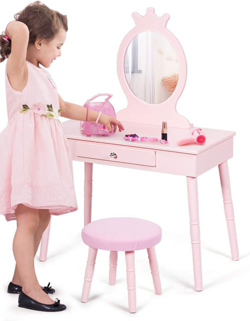Load image into Gallery viewer, Kids Vanity, Crown Shape Princess Makeup Dressing Table and Chair Set W/Drawer, Cushioned Toddler Vanity Stool, Real Glass Mirror, Wooden Little Girls Vanity Set with Mirror and Stool, Pink

