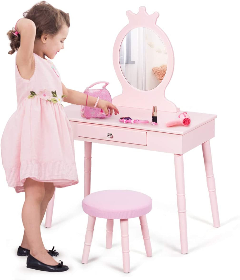 Kids Vanity, Crown Shape Princess Makeup Dressing Table and Chair Set W/Drawer, Cushioned Toddler Vanity Stool, Real Glass Mirror, Wooden Little Girls Vanity Set with Mirror and Stool, Pink