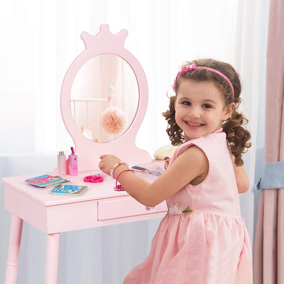 Kids Vanity, Crown Shape Princess Makeup Dressing Table and Chair Set W/Drawer, Cushioned Toddler Vanity Stool, Real Glass Mirror, Wooden Little Girls Vanity Set with Mirror and Stool, Pink