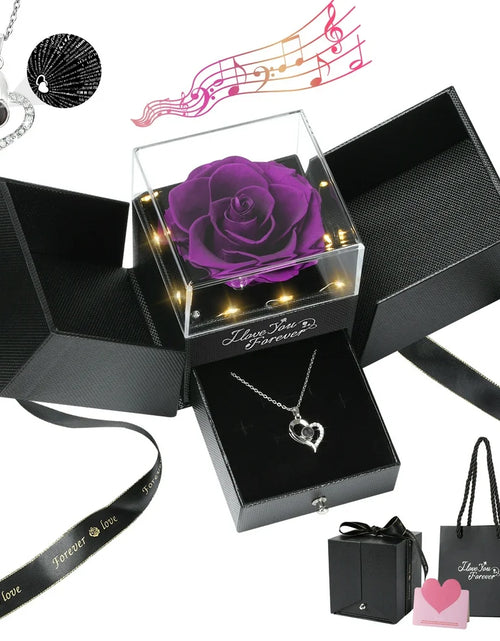 Load image into Gallery viewer, Preserved Rose Flower with Heart Necklace, Eternal Purple Real Rose with Music LED Lights for Her Women Wife Grandma Anniversary Birthday Romantic Valentines Mothers Day Gifts, Purple
